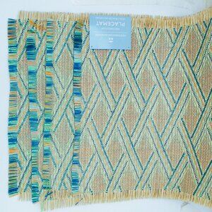 Destination Summer Placemat Set Of 4 Fringed Green Geo 14" X 19" New